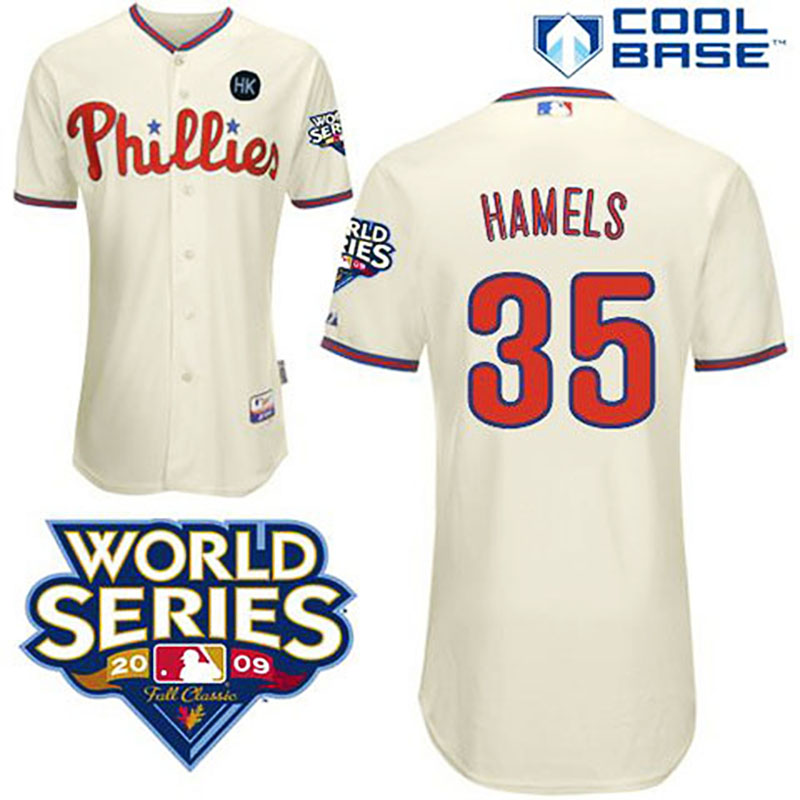 Philadelphia Phillies #35 Cole Hamels Youth Cream Cool Base with 2009 World Series HK Patch Jersey