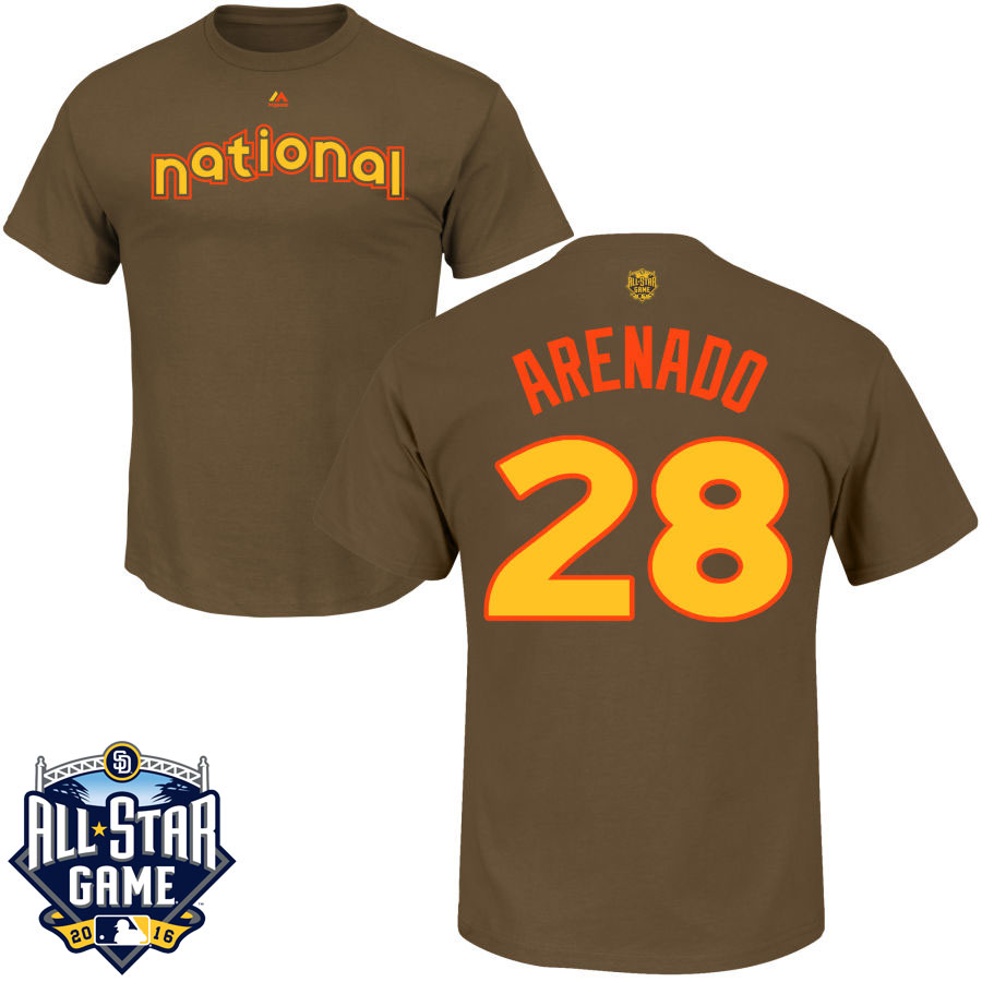 Colorado Rockies Nolan Arenado #28 Brown 2016 MLB All-Star Game National League Name & Number T-Shirt