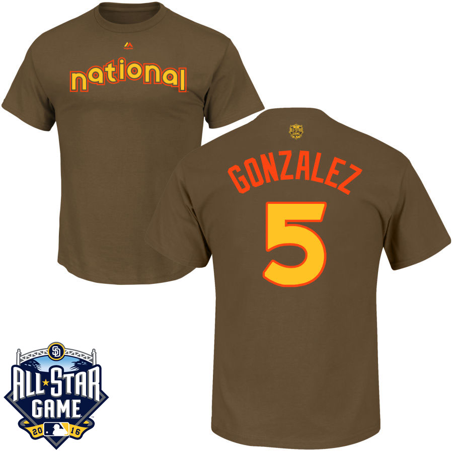 Colorado Rockies Carlos Gonzalez #5 Brown 2016 MLB All-Star Game National League Name & Number T-Shirt