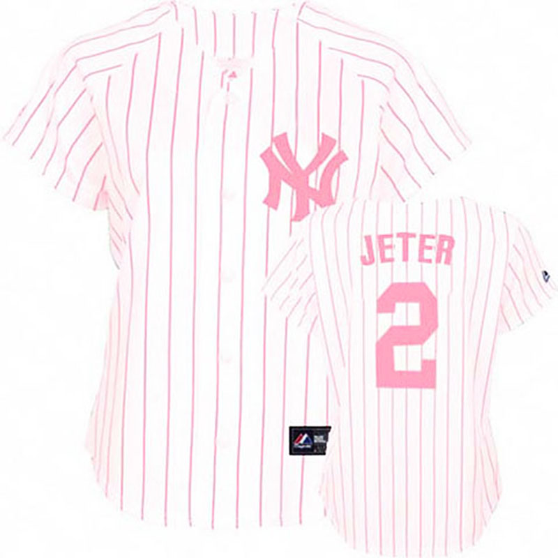 New York Yankees #2 Derek Jeter White(Pink Strip) Women's Fashion Jersey