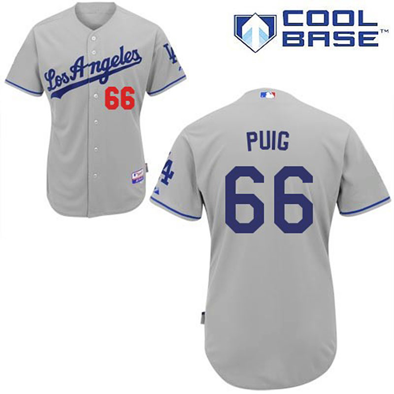 Los Angeles Dodgers #66 Yasiel Puig Men's Authentic Grey Road Majestic MLB Cool Base Jersey