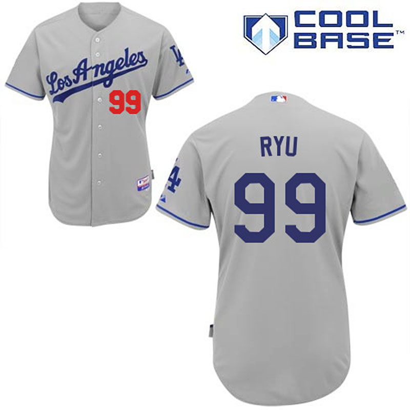 Los Angeles Dodgers #99 Hyun-Jin Ryu Men's Authentic Grey Road Majestic MLB Cool Base Jersey