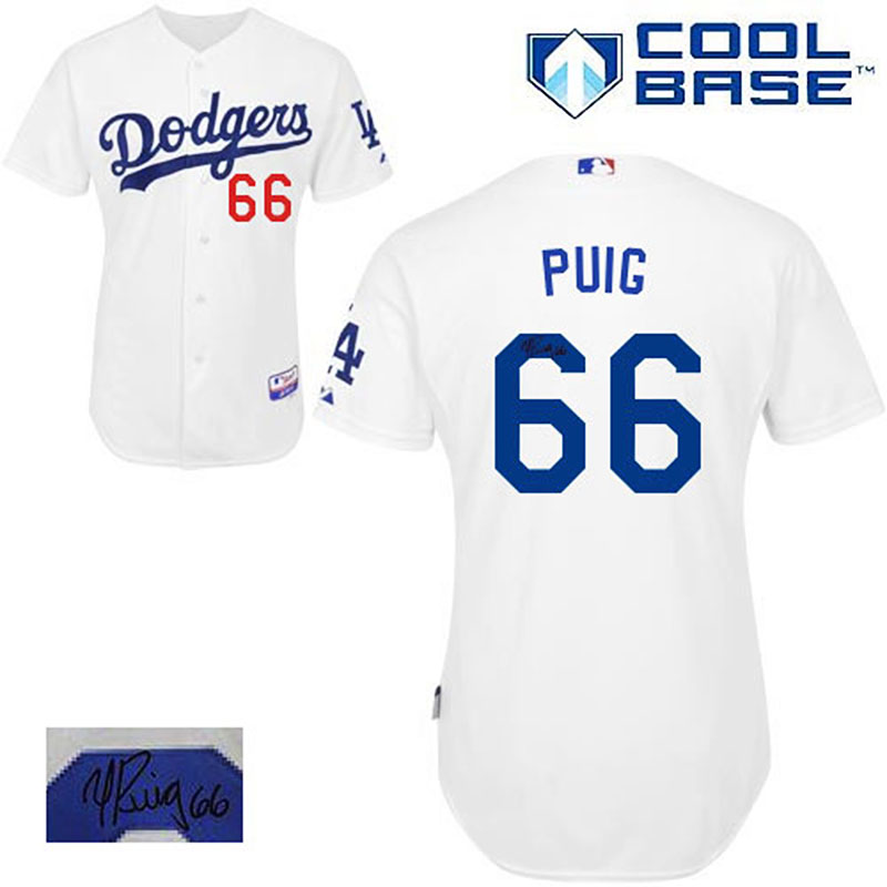 Los Angeles Dodgers #66 Yasiel Puig Men's Authentic White Autographed Home Majestic MLB Cool Base Jersey