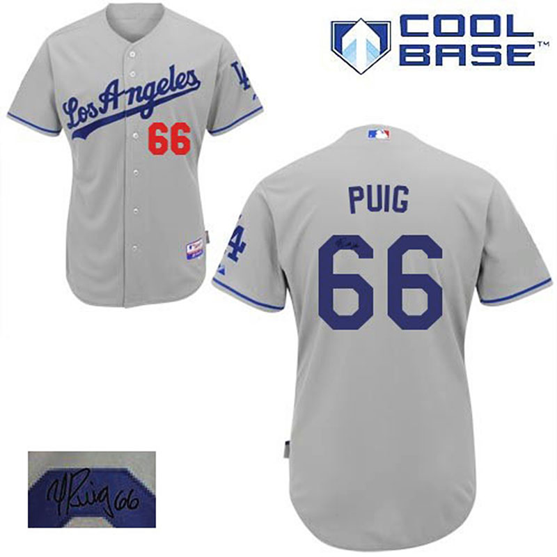 Los Angeles Dodgers #66 Yasiel Puig Men's Authentic Grey Autographed Road Majestic MLB Cool Base Jersey