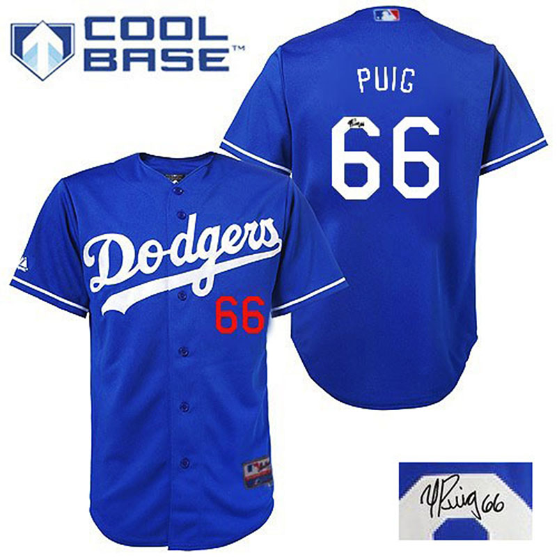 Los Angeles Dodgers #66 Yasiel Puig Men's Authentic Royal Blue Autographed Majestic MLB Cool Base Jersey