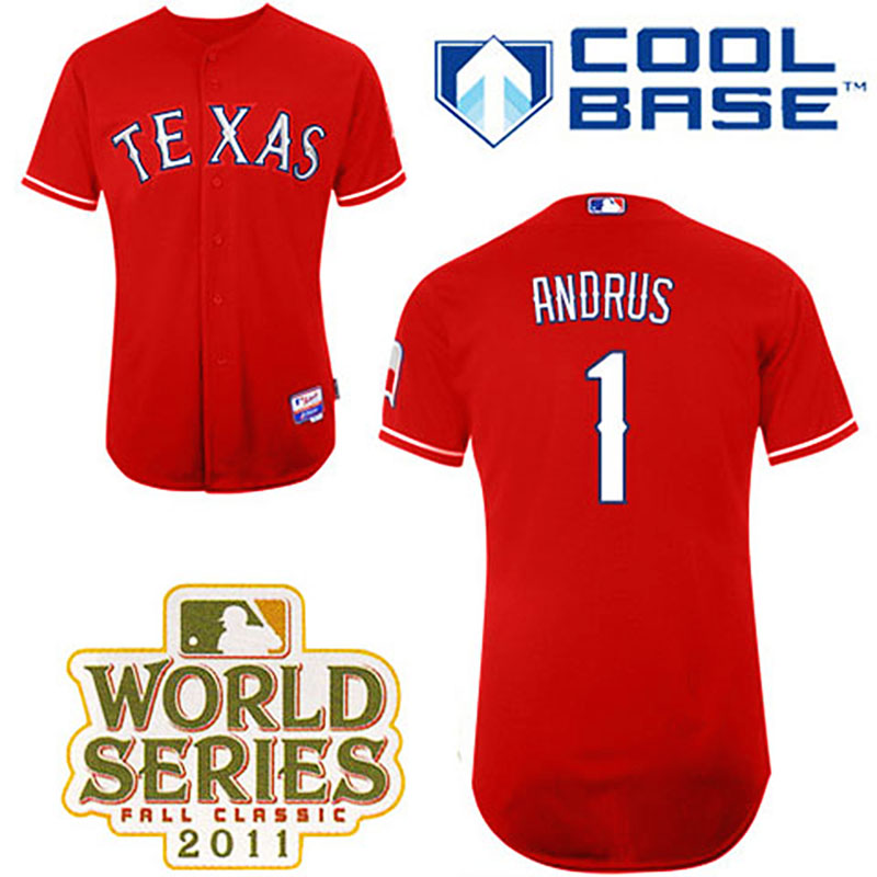 Texas Rangers #1 Elvis Andrus Red Alternate 1 Cool Base 2011 World Series Patch Jersey