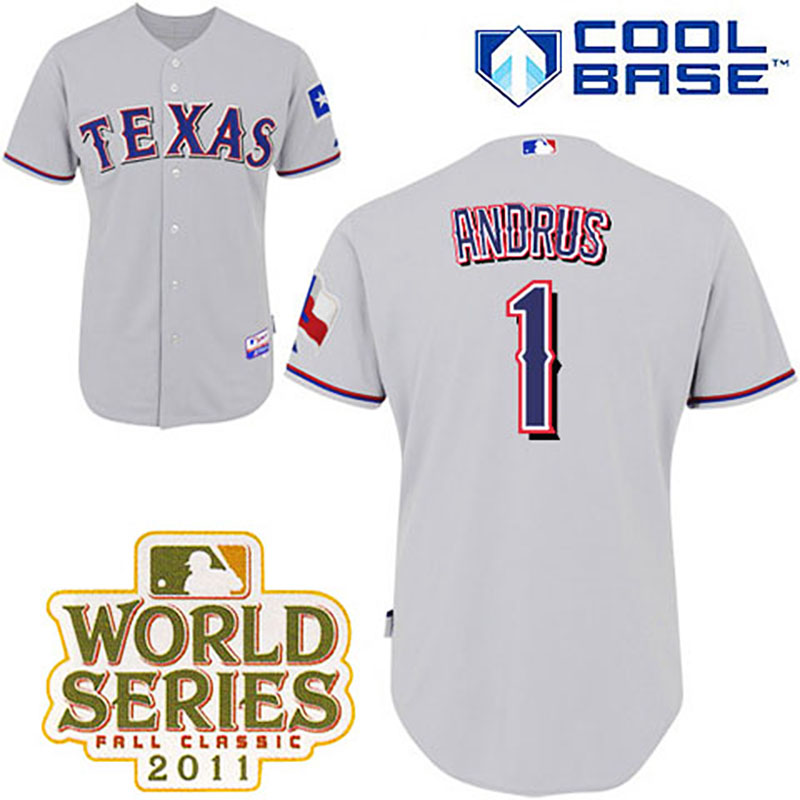 Texas Rangers #1 Elvis Andrus Grey Road Cool Base 2011 World Series Patch Jersey