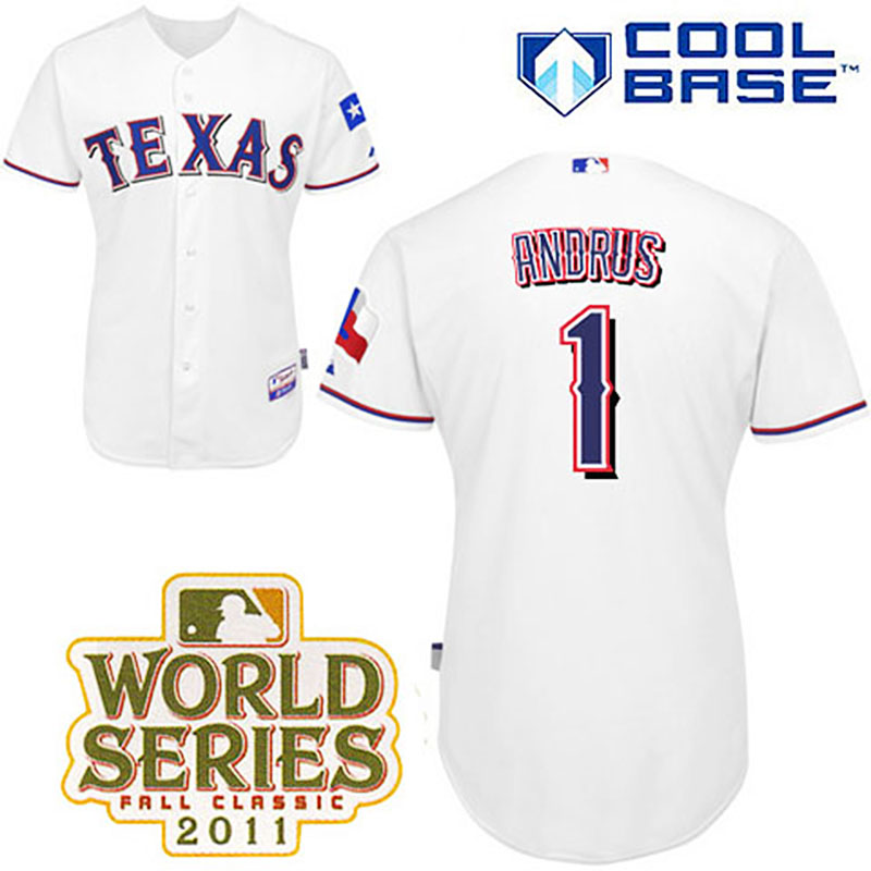 Texas Rangers #1 Elvis Andrus White Home Cool Base 2011 World Series Patch Jersey