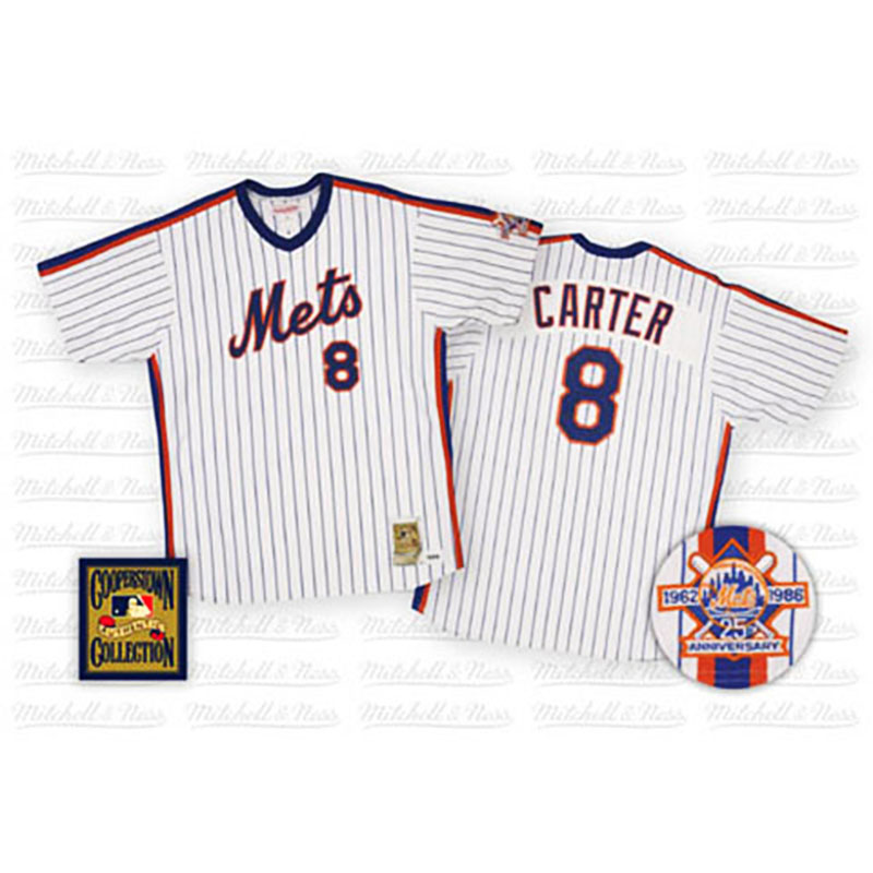 New York Mets #8 Gary Carter White Blue Strip Home Throwback Jersey