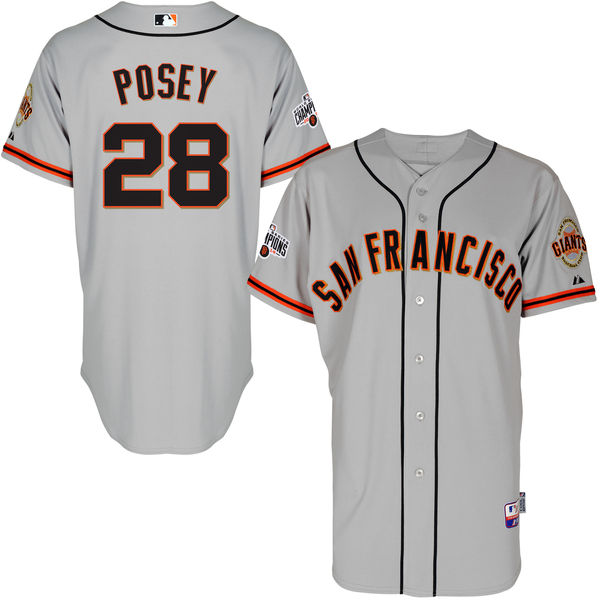 San Francisco Giants Buster Posey Gray Road Authentic Cool Base Player Jersey with 2014 World Series Champions Patch