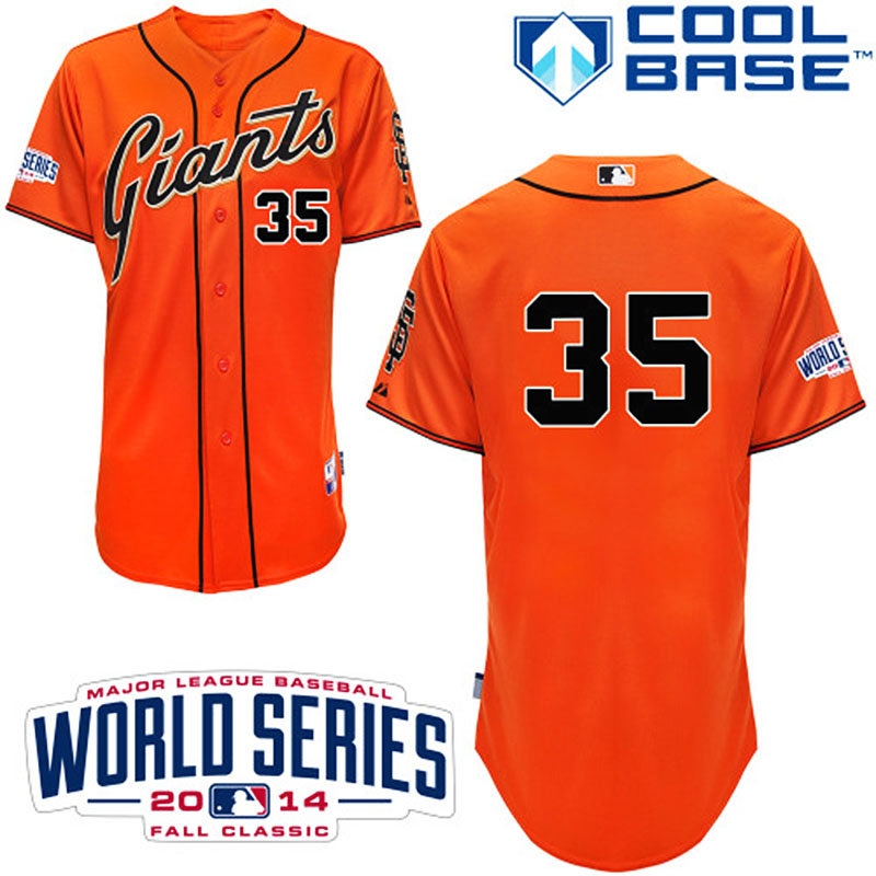 San Francisco Giants #35 Brandon Crawford Men's Authentic Orange Alternate Majestic MLB W/2014 World Series Cool Base Jersey