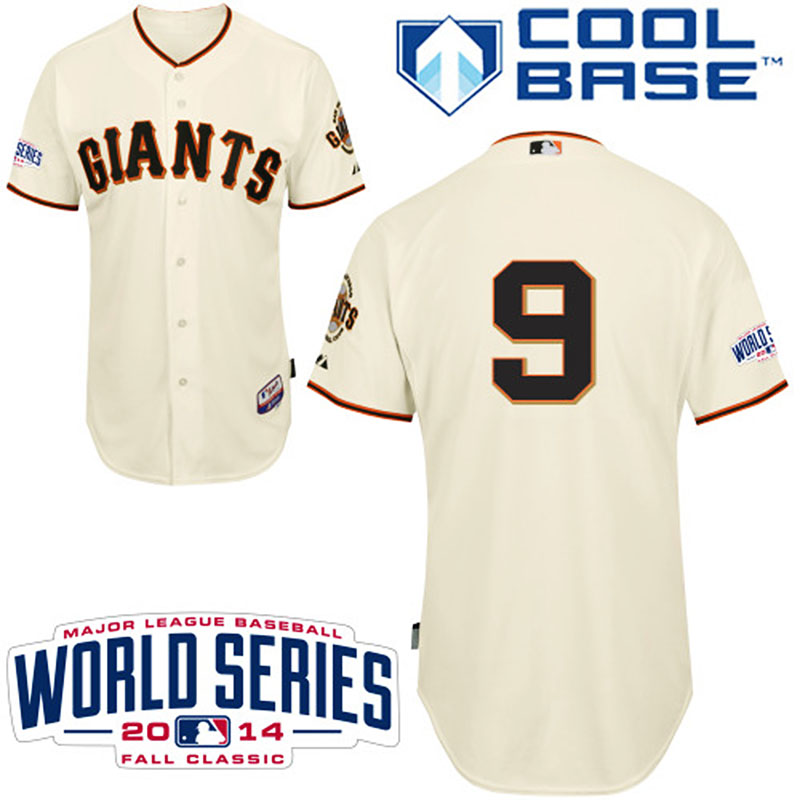 San Francisco Giants #9 Brandon Belt Men's Authentic Cream Home Majestic MLB W/2014 World Series Cool Base Jersey