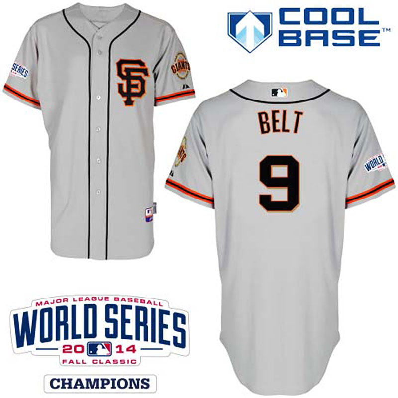 San Francisco Giants #9 Brandon Belt Men's Authentic Grey Alternate Majestic MLB W/2014 World Series Cool Base Jersey