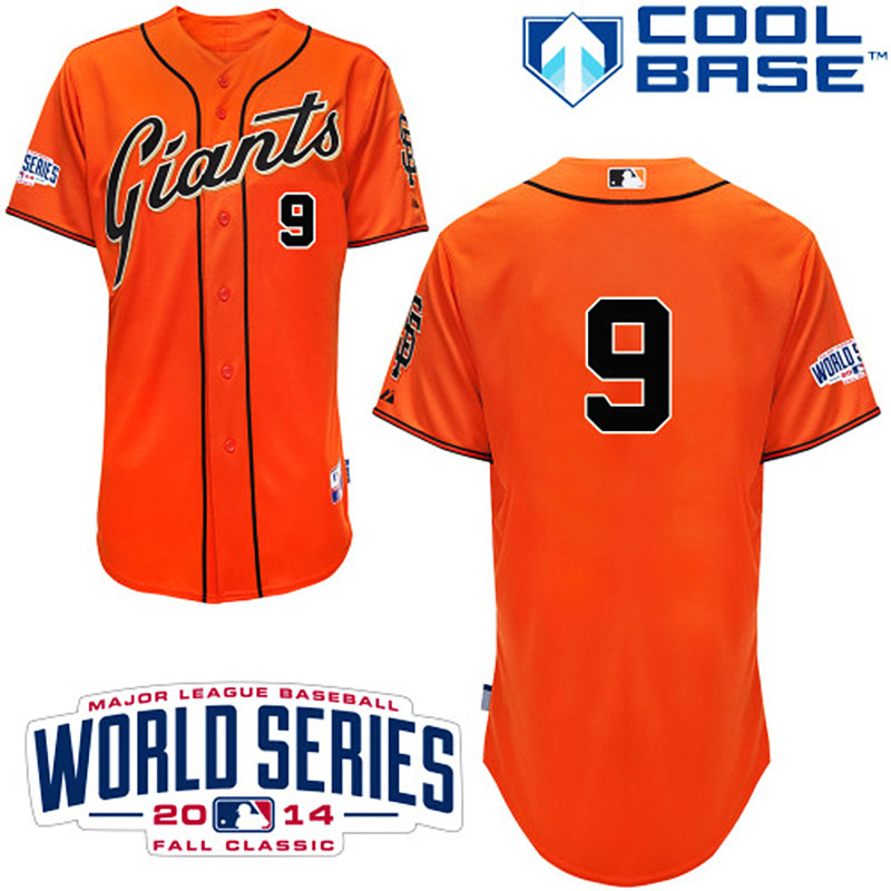 San Francisco Giants #9 Brandon Belt Men's Authentic Orange Alternate Majestic MLB W/2014 World Series Cool Base Jersey