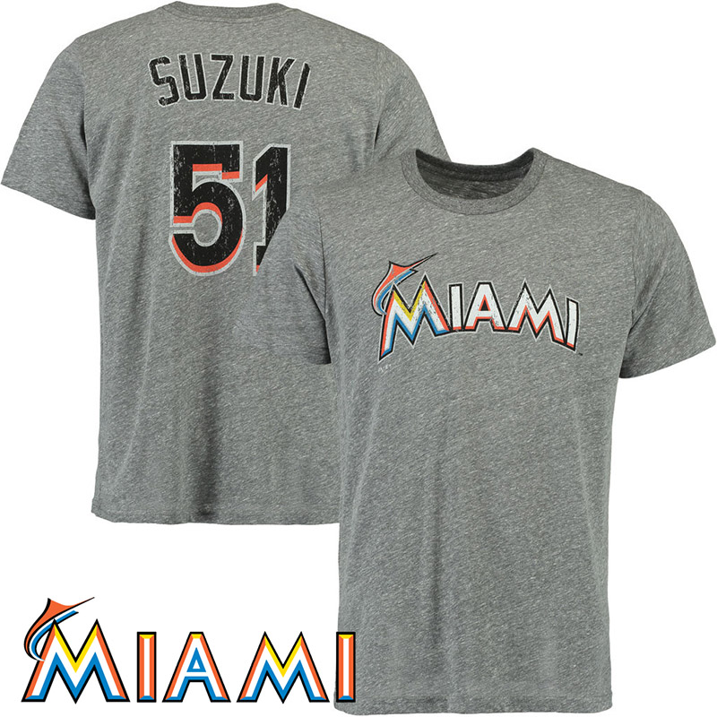 Ichiro Suzuki #51 Miami Marlins Threads Gray Tri-Blend Crew T-Shirt