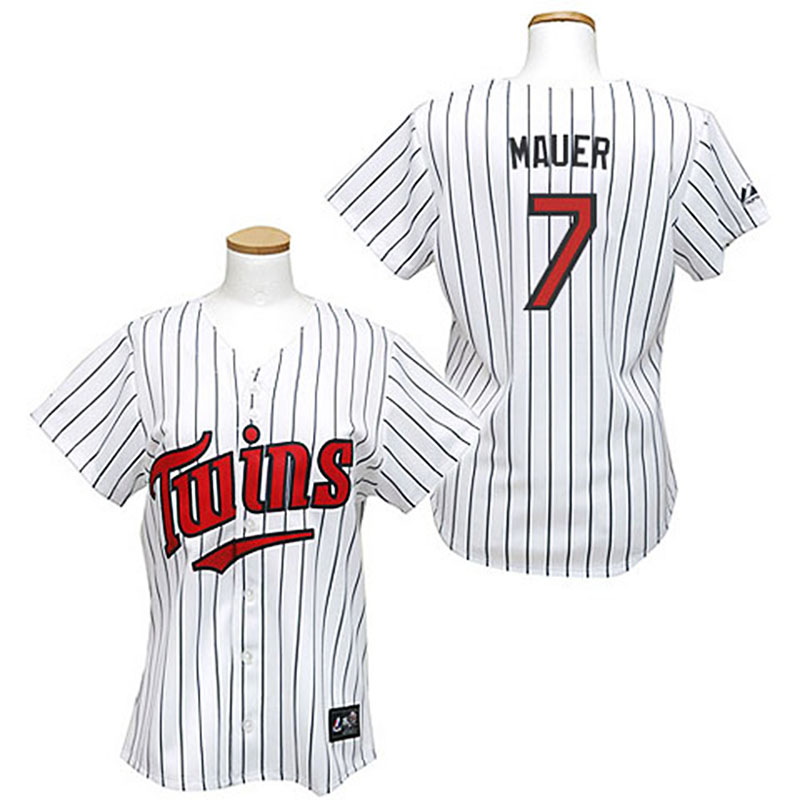 Minnesota Twins #7 Joe Mauer White Blue Strip Women's Fashion Jersey