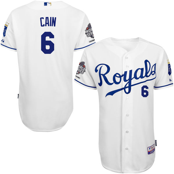 Kansas City Royals Lorenzo Cain 2015 World Series Champions Patch White Authentic Cool Base Player Jersey