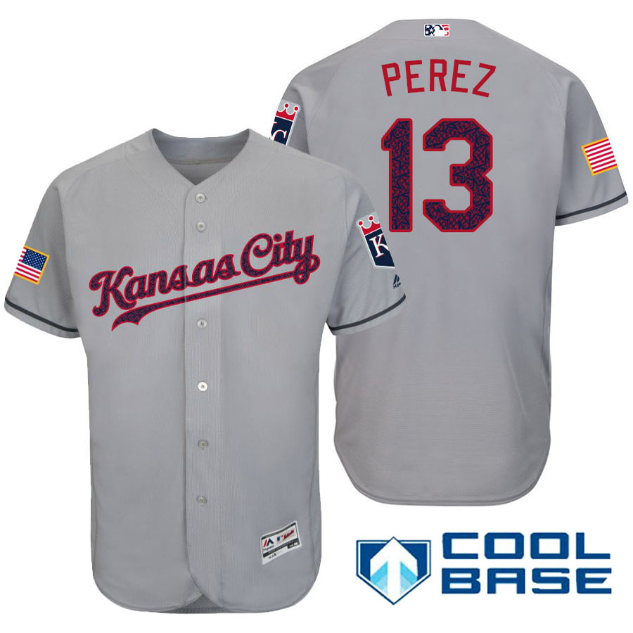 Kansas City Royals #13 Salvador Perez Gray Stars & Stripes 2016 Independence Day Cool Base Jersey