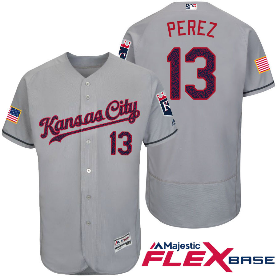 Kansas City Royals #13 Salvador Perez Gray Stars & Stripes 2016 Independence Day Flex Base Jersey