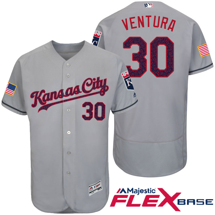 Kansas City Royals #30 Yordano Ventura Gray Stars & Stripes 2016 Independence Day Flex Base Jersey