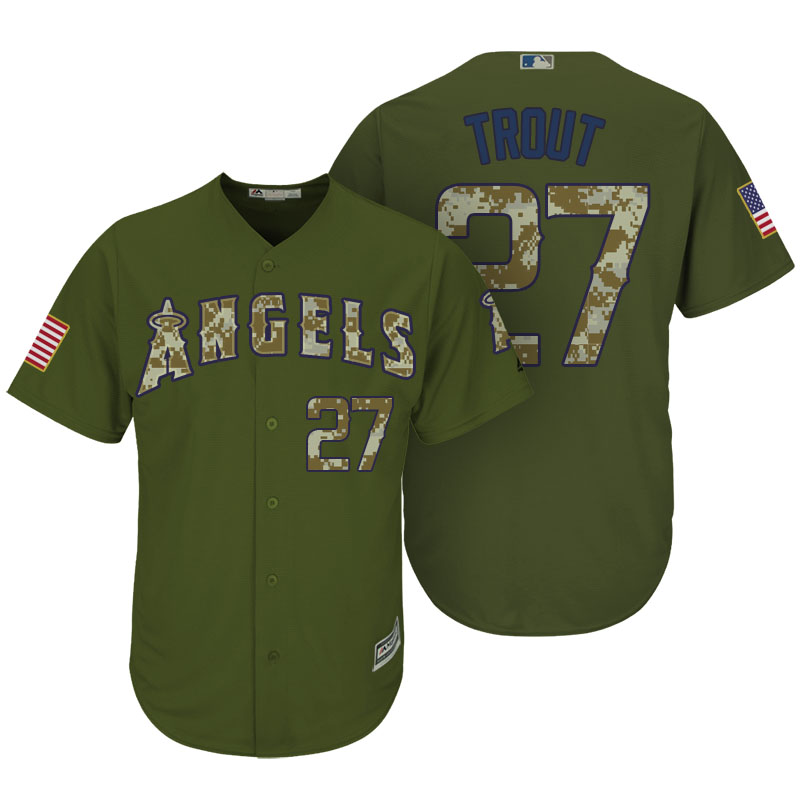 Los Angeles Angels of Anaheim #27 Mike Trout Camo Olive Salute Official Cool Base Player Jersey