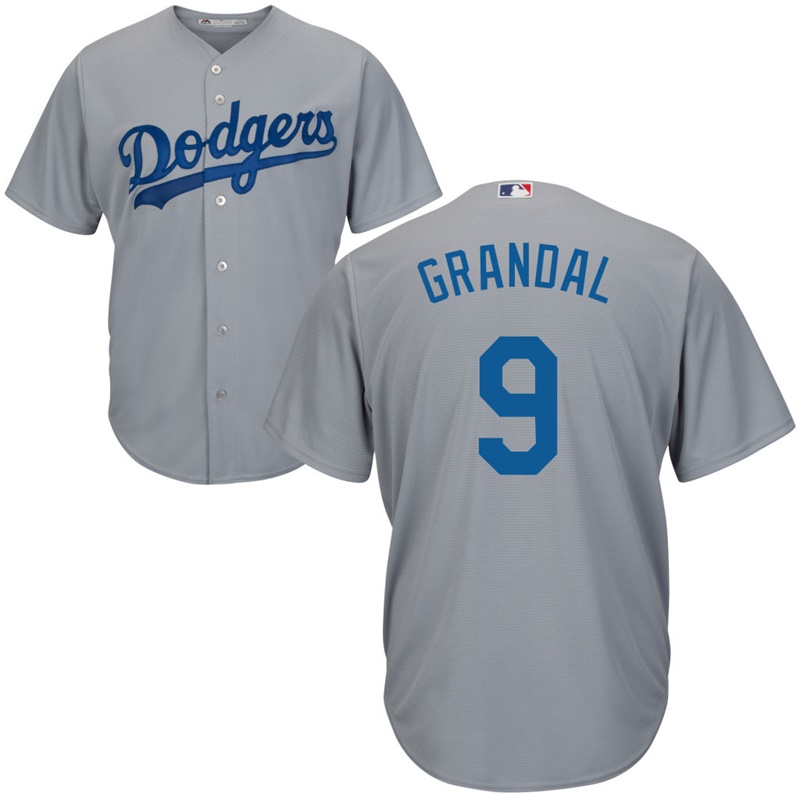 Mens Los Angeles Dodgers Yasmani Grandal #9 Road Gray Cool Base Jersey