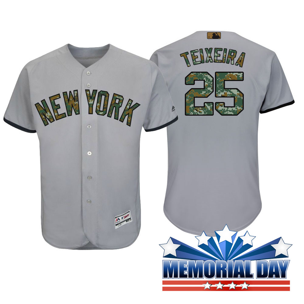 New York Yankees Mark Teixeira #25 Gray Camo Fashion 2016 Memorial Day Cool Base Jersey