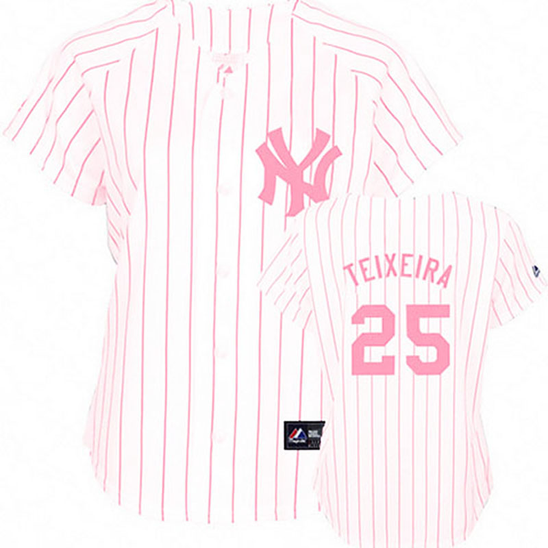 New York Yankees #25 Mark Teixeira White(Pink Strip) Women's Fashion Jersey