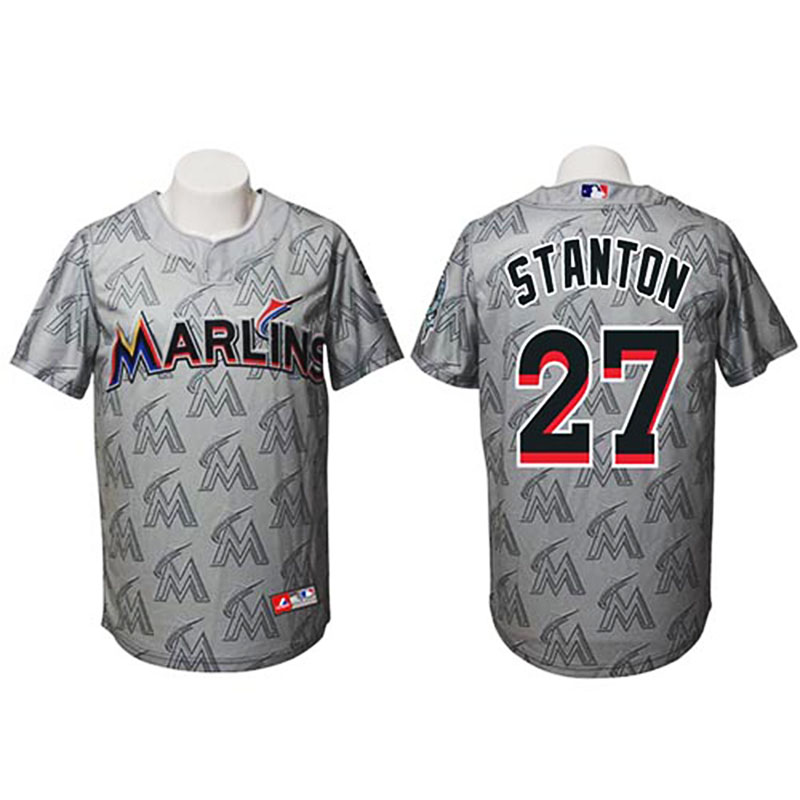 Miami Marlins #27 Giancarlo Stanton Authentic Watermark Fashion Gray Jersey