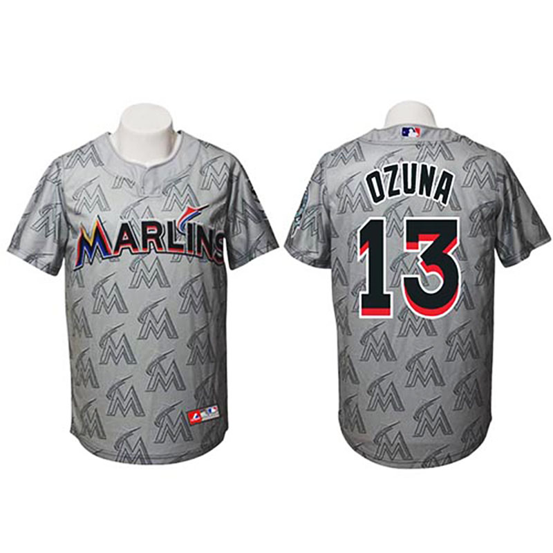 Miami Marlins #13 Marcell Ozuna Authentic Watermark Fashion Gray Jersey