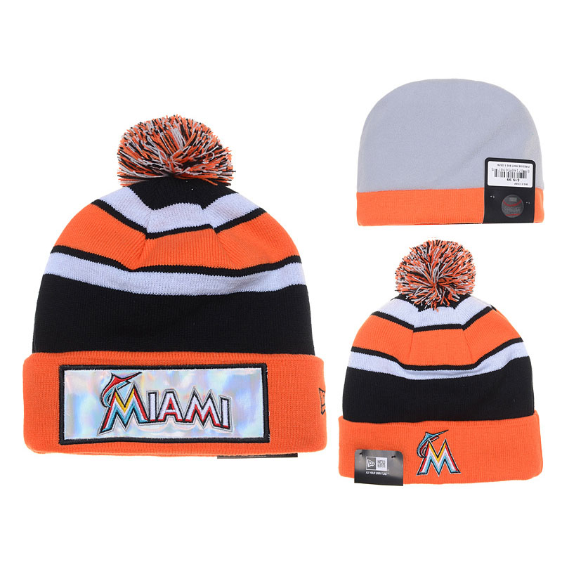 Miami Marlins Orange Stripe Cuffed Knit Hat With Pom