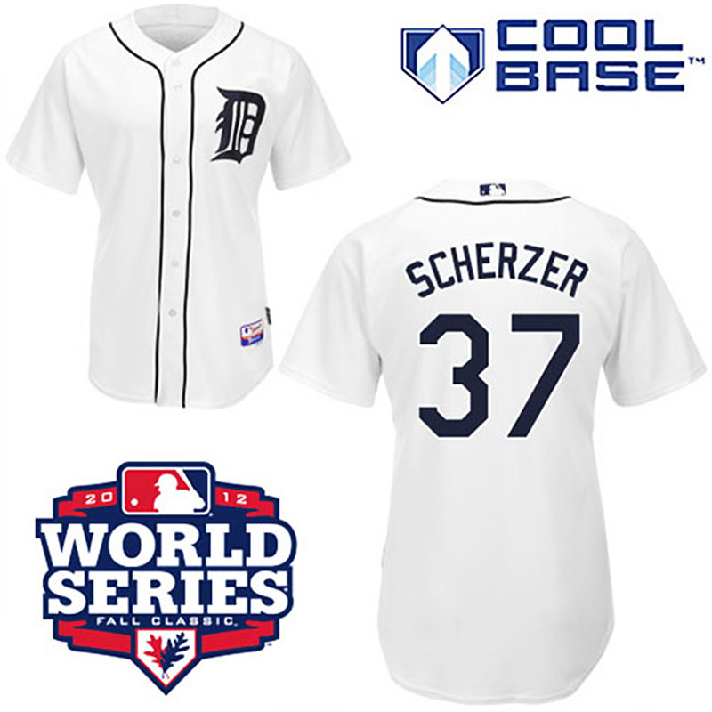 Detroit Tigers #37 Max Scherzer Cool Base White with 2012 World Series Patch Jersey