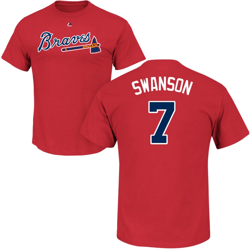 Men's Atlanta Braves Braves Dansby Swanson #7 Red Name & Number T-Shirt