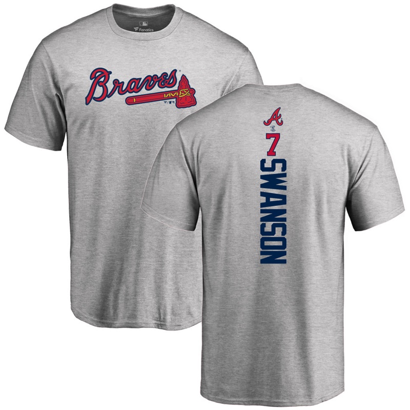 Men's Atlanta Braves Dansby Swanson #7 Grey Backer Short Sleeve T-Shirt