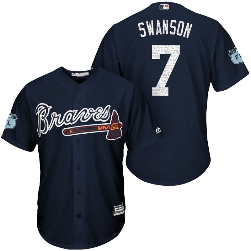 Men's Atlanta Braves #7 Dansby Swanson 2017 Spring Training Grapefruit League Patch Navy Cool Base Jersey