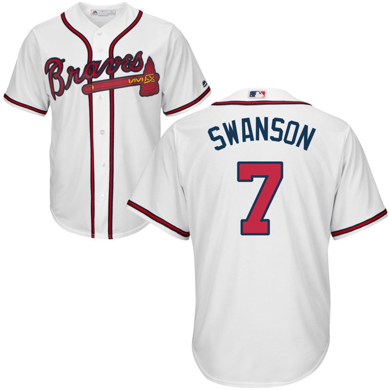 Men's Atlanta Braves #7 Dansby Swanson Home White Cool Base Jersey