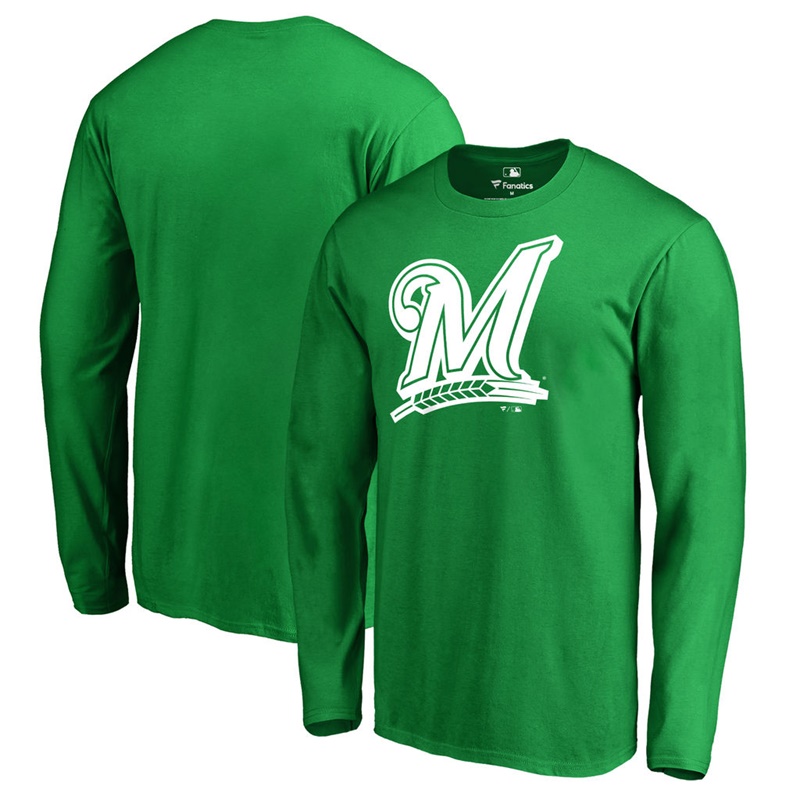 Men's Milwaukee Brewers Kelly Green St. Patrick's Day White Logo Long Sleeve T-Shirt