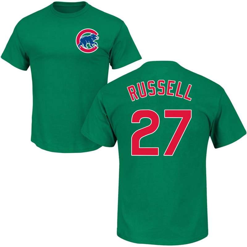 Men's Chicago Cubs Addison Russell #27 Green St. Patrick's Day Roster T-Shirt