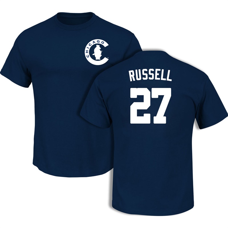 Men's Chicago Cubs Addison Russell #27 Navy 1908 Team Logo Throwback T-Shirt