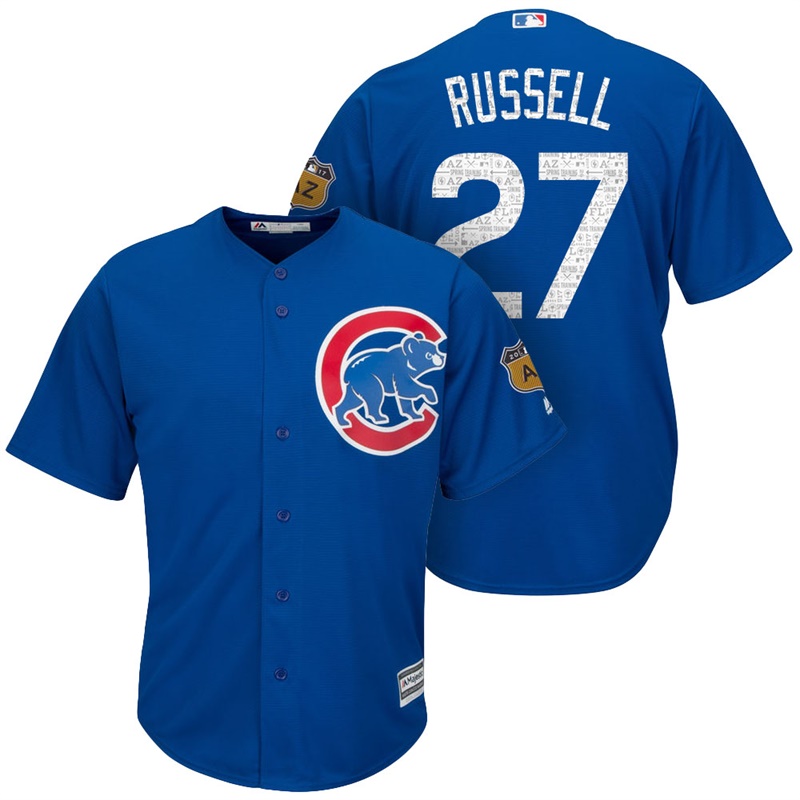 Men's Chicago Cubs #27 Addison Russell 2017 Spring Training Cactus League Patch Royal Cool Base Jersey