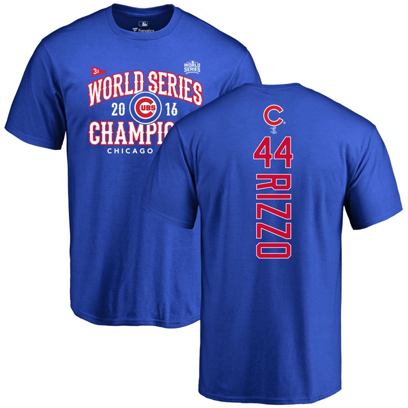 Men's Chicago Cubs Anthony Rizzo #44 Royal 2016 World Series Champions Back Name & Number T-Shirt