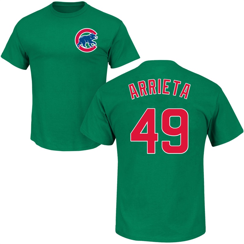 Men's Chicago Cubs Jake Arrieta #49 Green St. Patrick's Day Roster T-Shirt