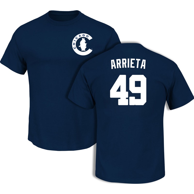 Men's Chicago Cubs Jake Arrieta #49 Navy 1908 Team Logo Throwback T-Shirt