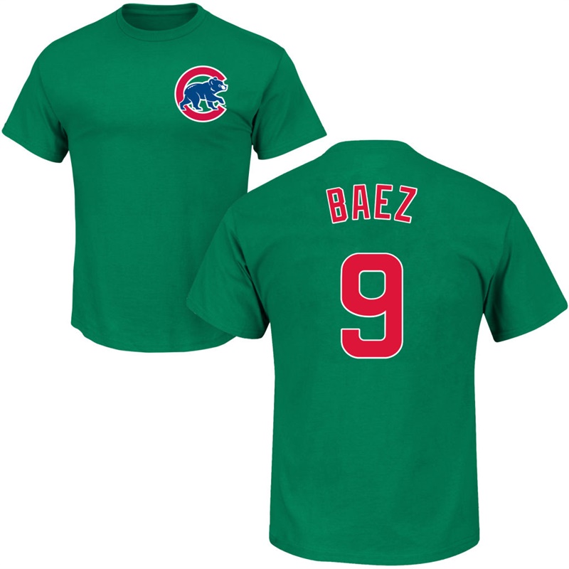 Men's Chicago Cubs Javier Baez #9 Green St. Patrick's Day Roster T-Shirt