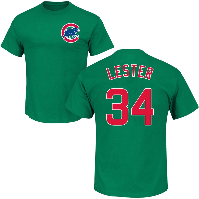 Men's Chicago Cubs Jon Lester #34 Green St. Patrick's Day Roster T-Shirt