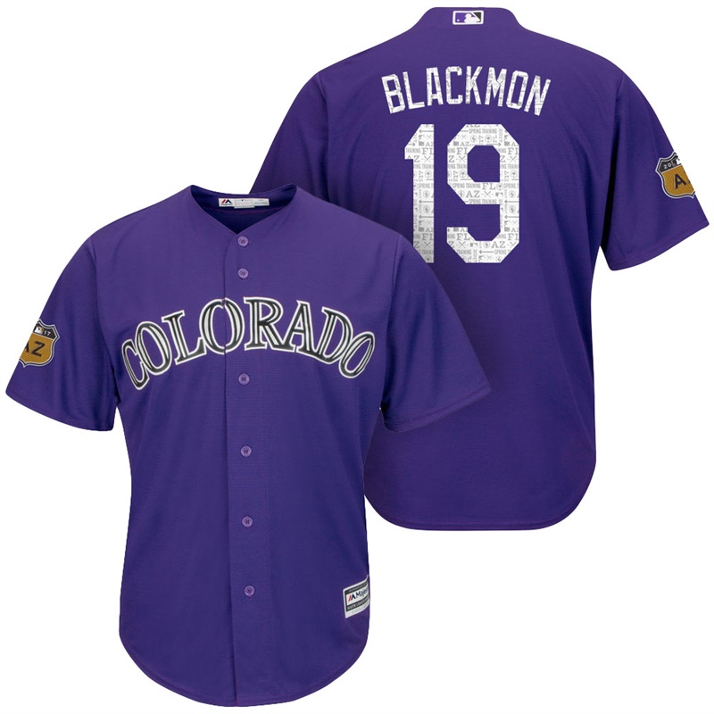 Men's Colorado Rockies #19 Charlie Blackmon 2017 Spring Training Cactus League Patch Purple Cool Base Jersey