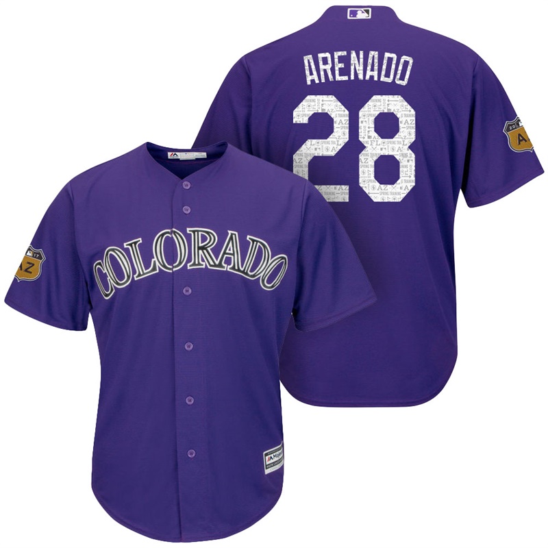 Men's Colorado Rockies #28 Nolan Arenado 2017 Spring Training Cactus League Patch Purple Cool Base Jersey