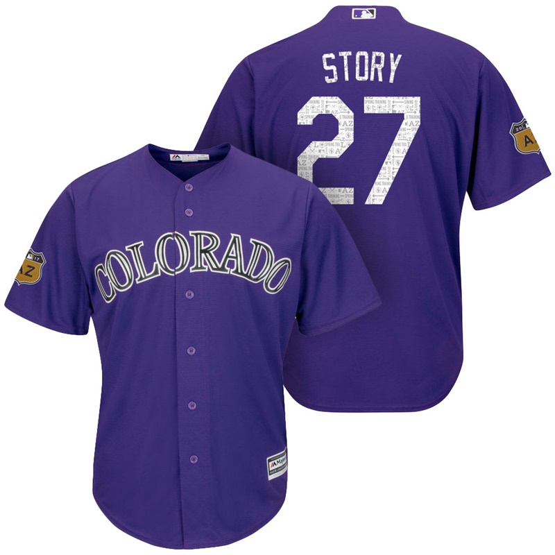 Men's Colorado Rockies #27 Trevor Story 2017 Spring Training Cactus League Patch Purple Cool Base Jersey