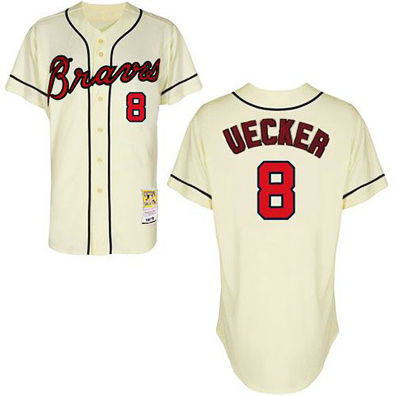 Atlanta Braves #8 Men's Cooperstown Bob Uecker Cream Throwback Jersey