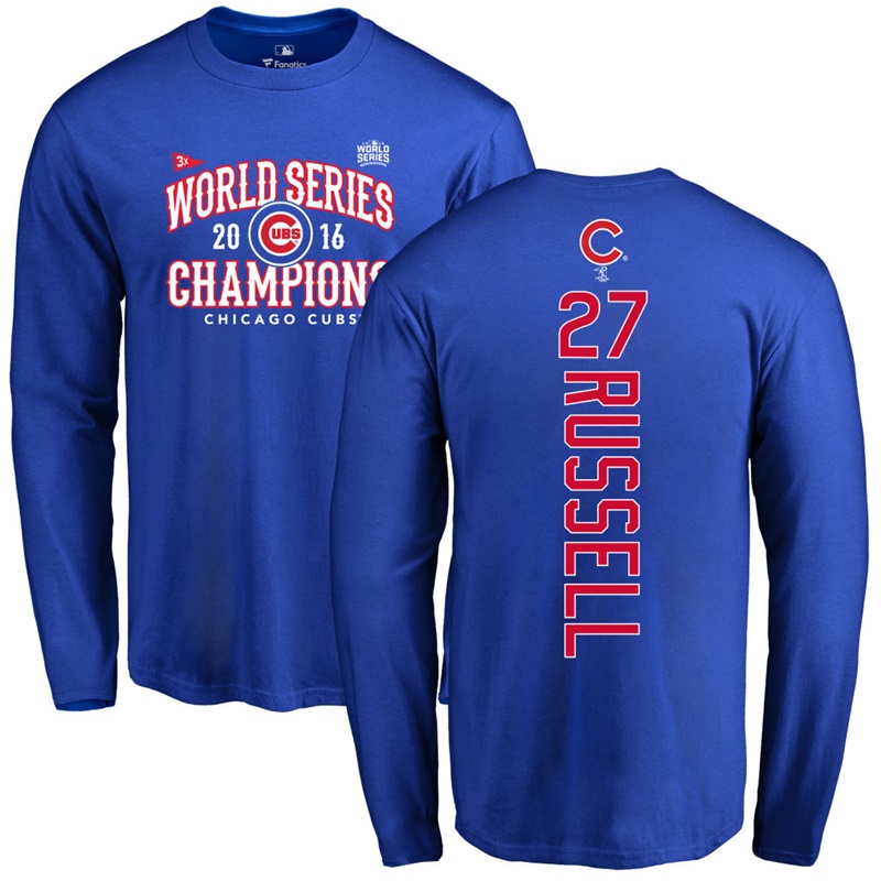 Men's Chicago Cubs Addison Russell #27 Royal 2016 World Series Champions Back Name & Number Long Sleeve T-Shirt